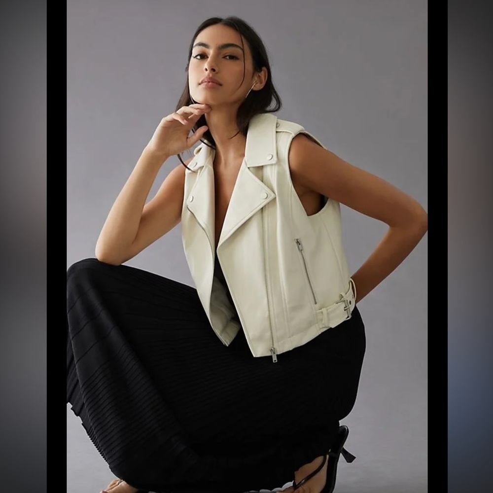 By Anthropologie Vegan Vest in Cream Faux Leather Jacket Cropped Moto Western